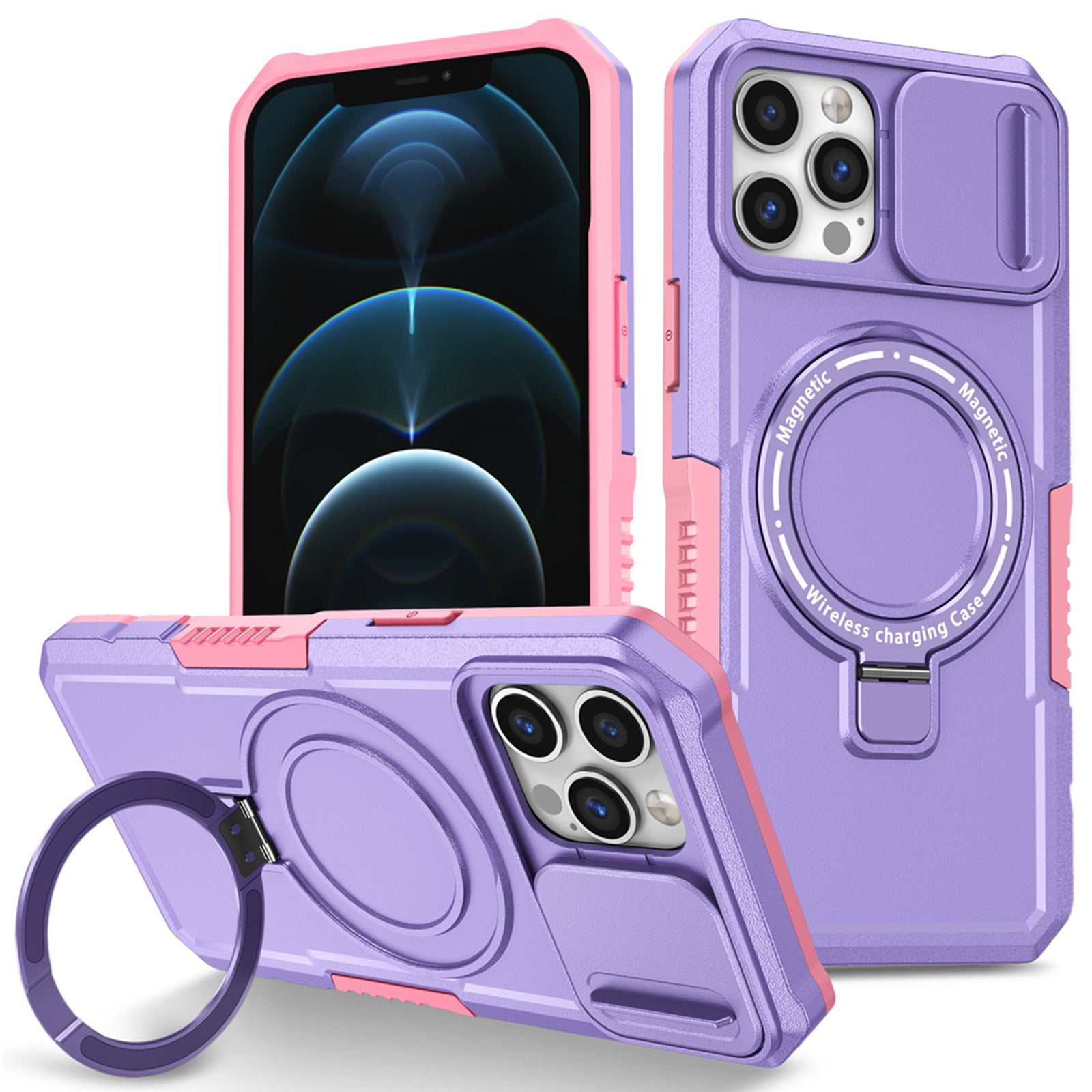 For iPhone 12 / 12 Pro Magnetic Case Slide Lens Lid Kickstand PC+TPU Phone Cover For iPhone 12 / 12 Pro Magnetic Case Slide Lens Lid Kickstand PC+TPU Phone Cover